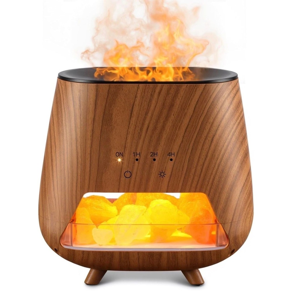 4-in-1 Wood Grain Aroma Diffuser and Himalayan Salt Lamp with Flame Effect Mist